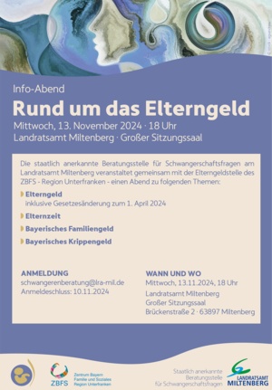 Flyer zur Informationsveranstaltung für Eltern rund um das Elterngeld am 13. Nov. im großen Sitzungssaal des Landratsamts